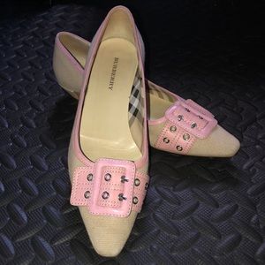 BURBERRY. 37 1/2. Low tan cloth heels. Very cute. Pink leather buckle w silver.